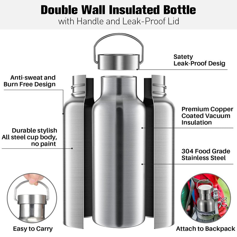 10 Pack Reusable Stainless Steel Water Bottle Bulk Double Wall Insulated Sports Water Bottle with Handle and Vacuum Seal Leakproof Lid for Sports Cyclists Hiking Gym Camping Gift(Silver,17 oz)