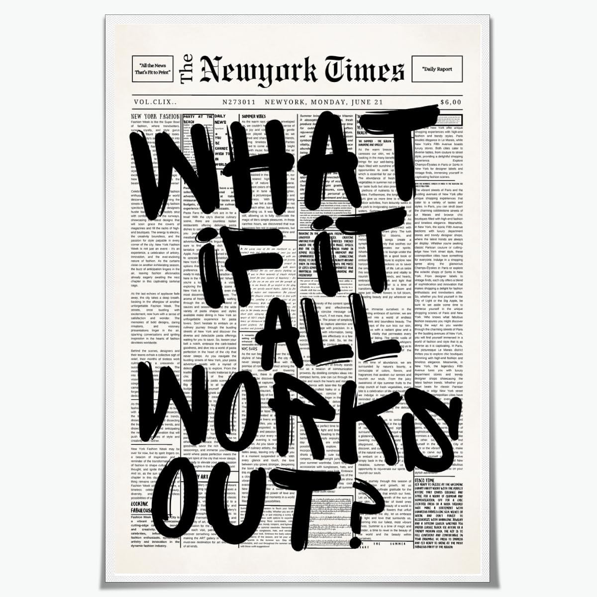 Skiennix Retro Black and White Newspaper Wall Art - Positive Quote Canvas Print 12x18 Inch Unframed | Trendy Apartment Decor