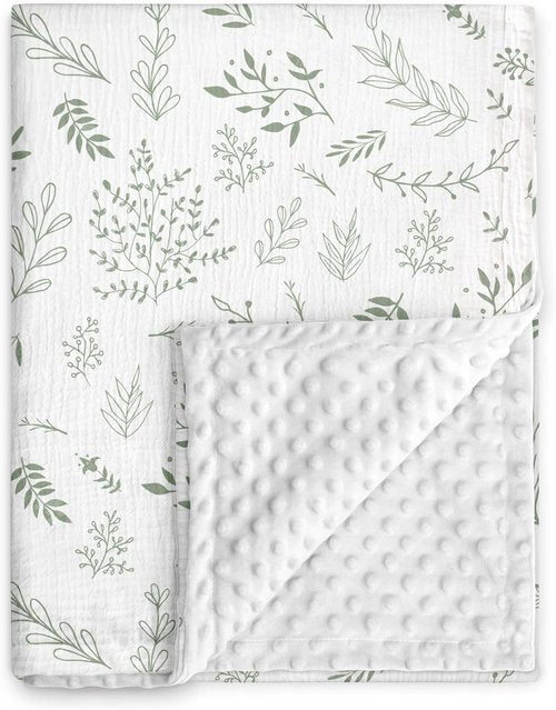 GLLQUEN Baby Blanket - Soft Muslin Cotton Front with Dotted Fleece Backing | Greenery, 30 x 40 Inches
