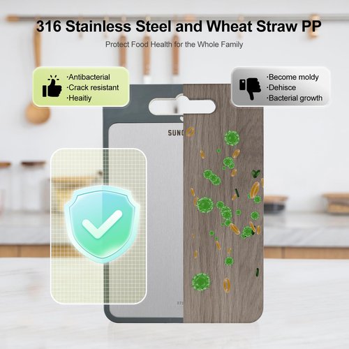 Cutting Board for Kitchen,Cutting Board Double Sided Food Grade,316 Stainless Steel and Wheat Straw PP, Easy to Clean Large Size 16”×11”