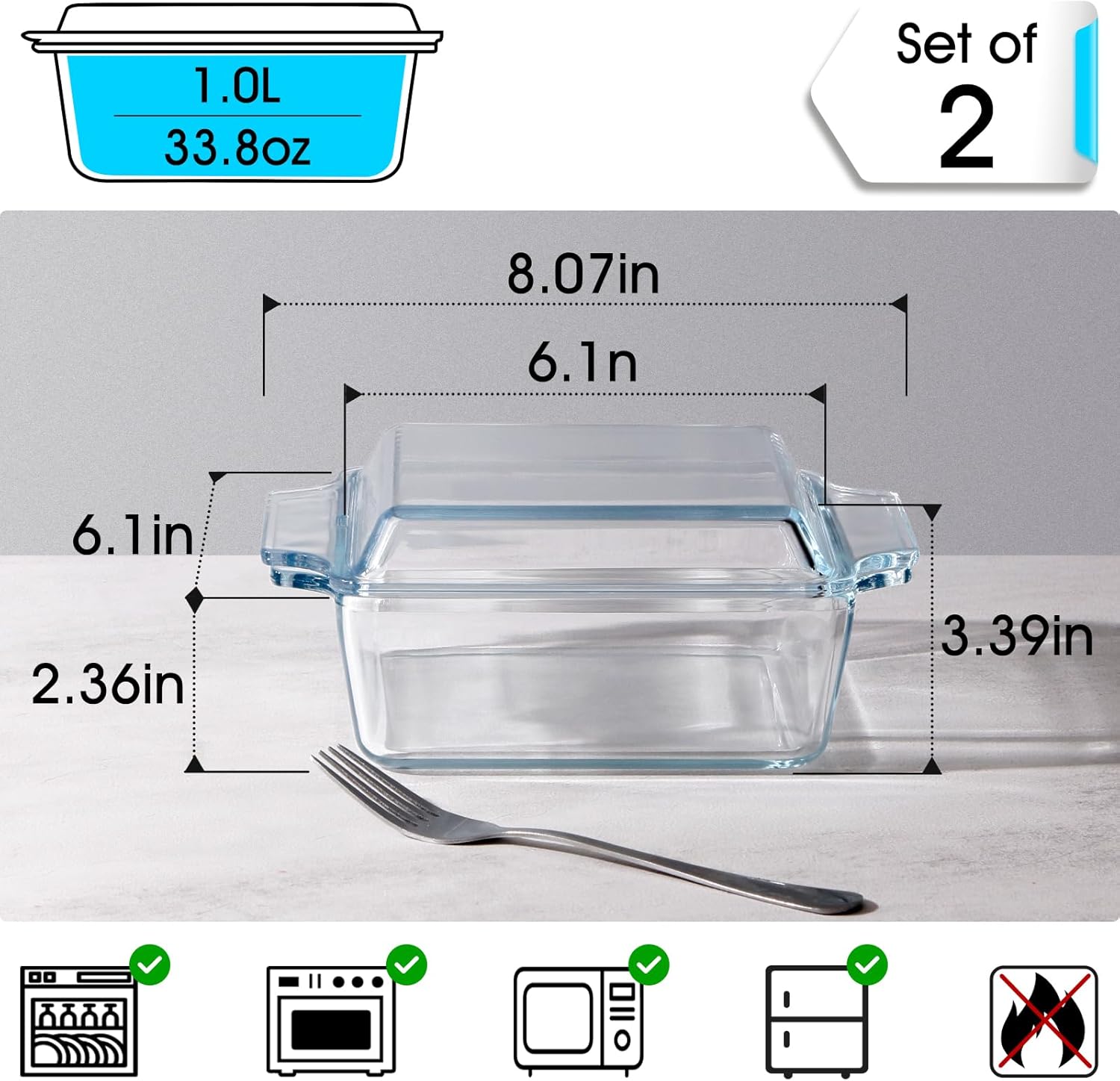 Set of 2 Glass Casserole Dishes by [Brand Name] - Oven Safe Square 6in x 6in with Glass Lids