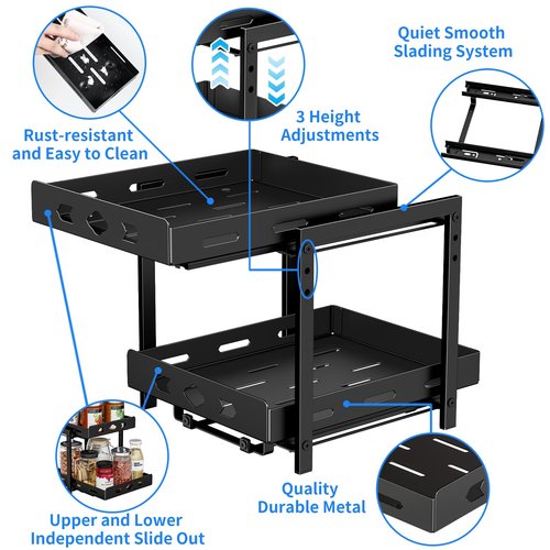 BOIVSHI Pull Out Spice Racks for Inside Cabinets, 2-Tier Cabinet Spice Rack, Height Adjustable Spice Rack Organizer for Cabinet, Kitchen Vertical Spice Rack (9.7''Wx10.8''Dx9.2''H, Metal Black)