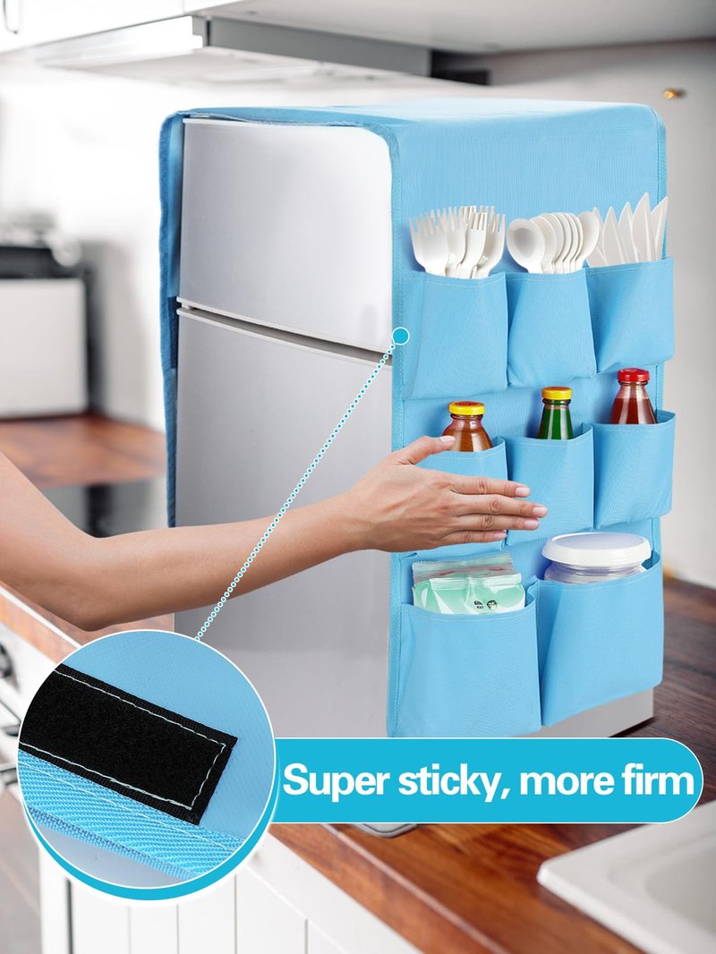 Extended Mini Fridge Caddy Organizer - 55" x 13" Back to School Dorm and Office Over the Fridge Storage Organizer with 12 Pockets for Flatware Drink Paper Goods, College Must Have, Black