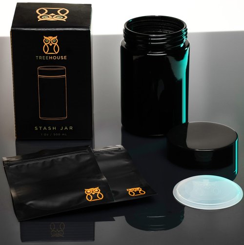 Treehouse Stash Jar Smell Proof Container (500mL) for Herbs, Spices, Coffee, Teas & More - Plus x2 Resealable Smell Proof Bags