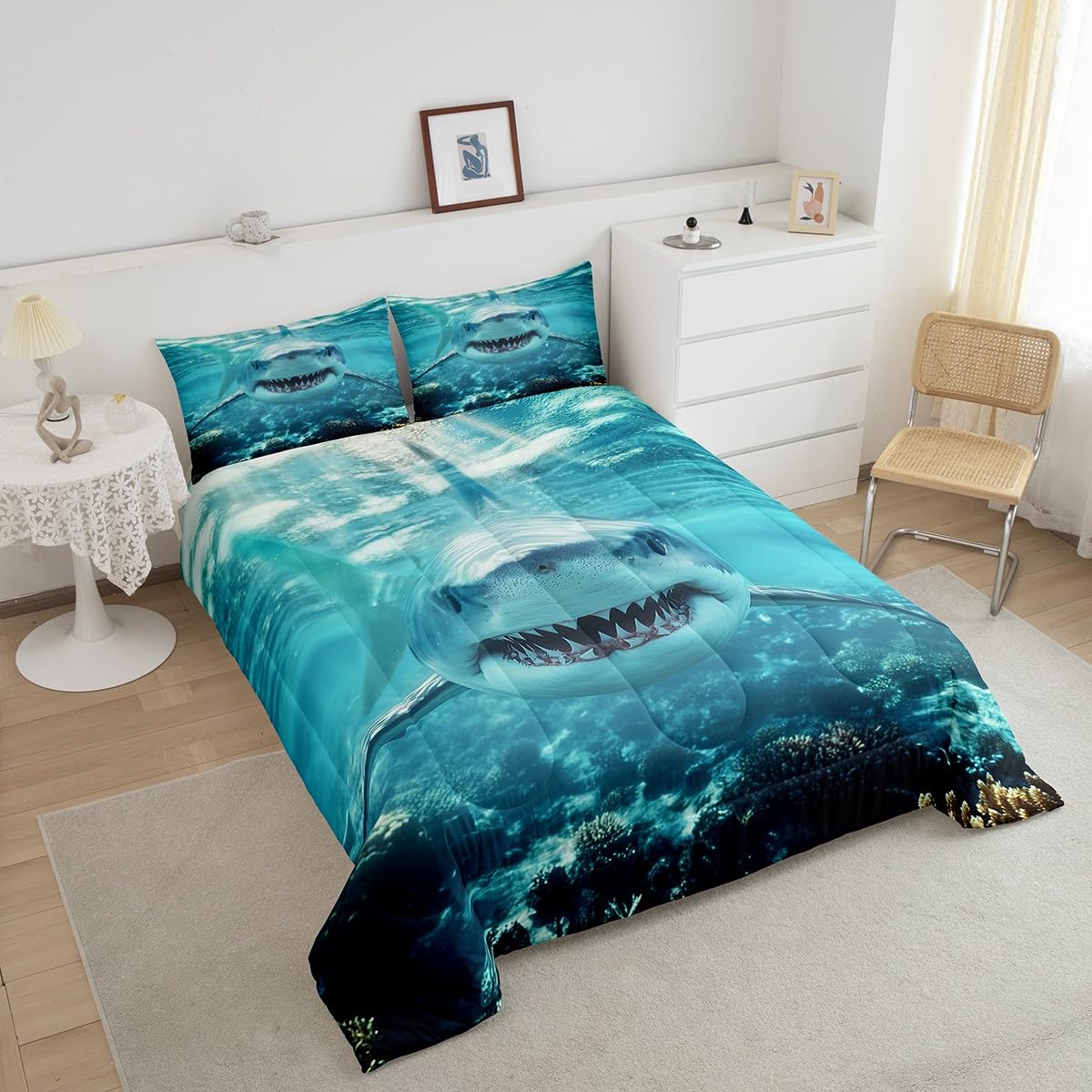 Erosebridal Shark Comforter Set, 3D Shark Bedding Set Full Size, Ocean Wave Sea Animals Duvet Set for Kids Boys Ocean Sea Wave Quilt Blue White