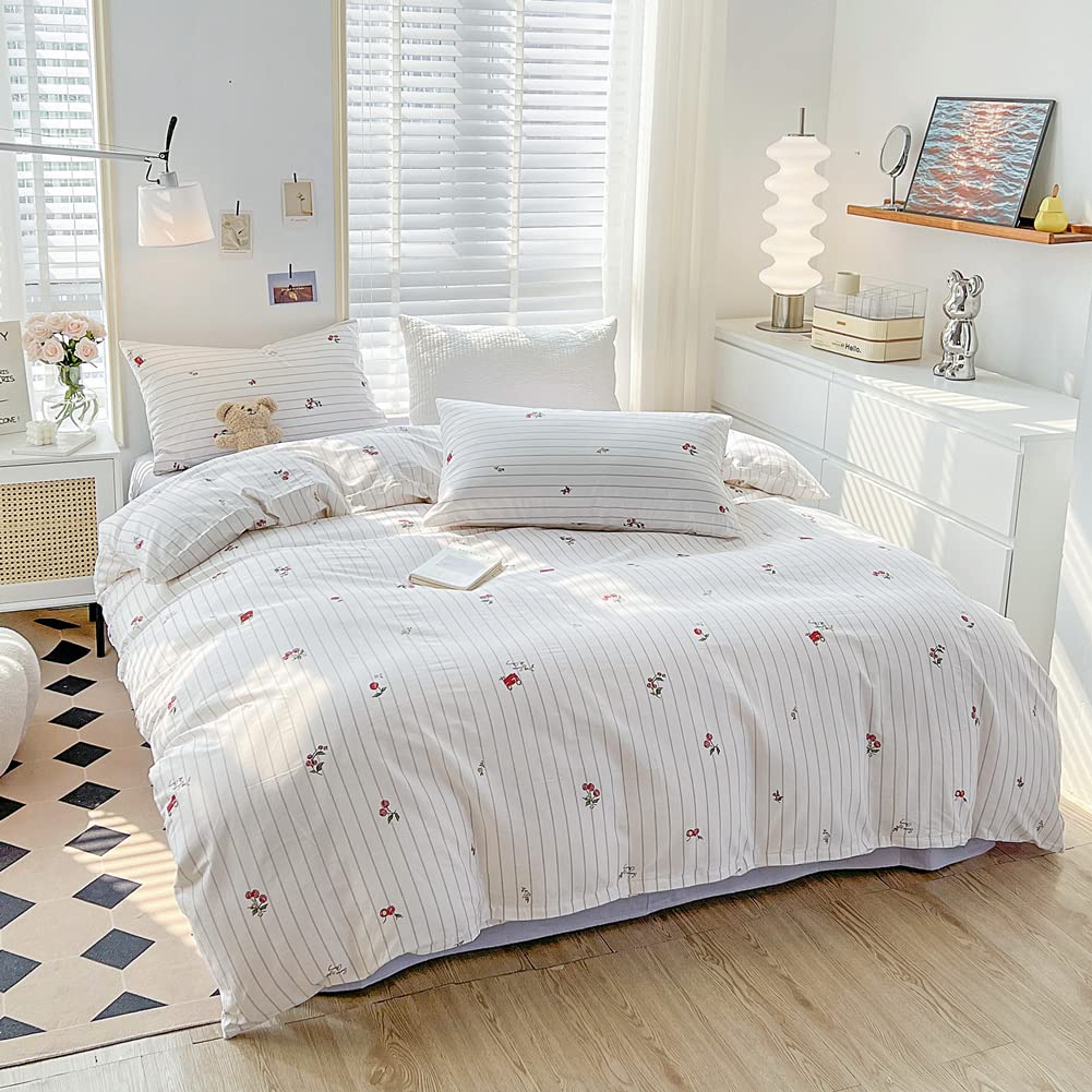 BlueBlue Cherry Kids Duvet Cover Set Queen 100% Cotton Bedding for Boys Girls Teens Cartoon Red Cherries Floral Pattern on Striped White 1 Cute Fruit Full Comforter Cover 2 Pillow Shams, Queen
