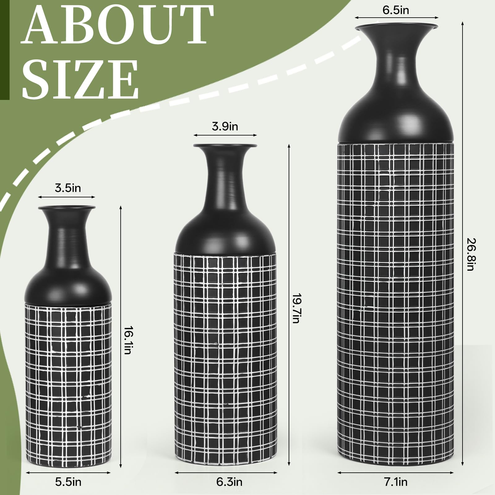 Tall Floor Vase Set of 3, Large Black Metal Vase with Minimalist White Lines & Detachable Vases Mouth, Big Modern Decorative Vases for Living Room,Hallway,Dining Rooms,Office,Kitchen.