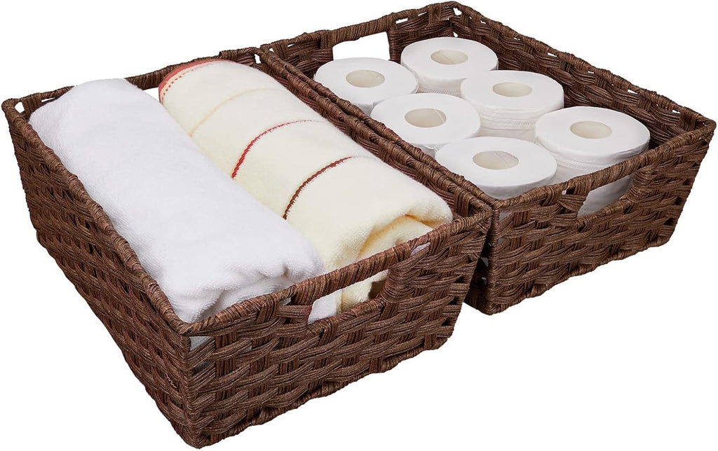 Onlytak Large Wicker Storage Basket Set - Washable Waterproof Design | 15" x 10.3" x 5.2" | Brown Color for Home & Patio
