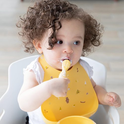 Bumkins Baby Utensil Set - Soft Silicone Trainer Spoons for Self-Feeding | 3-Pack in Red & Yellow