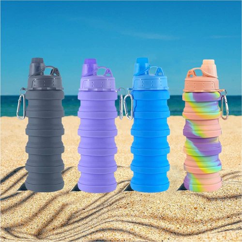 konlongzan Collapsible Water Bottles 4 pack Travel Water Bottle Portable Hiking Water Bottle with Leak proof Twist Cap 500ML Reusable BPA Free Silicone Water Bottles. (Black+Purple+Blue+Pink)