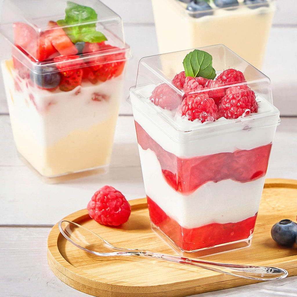 TOFLEN 50 Pack 5 oz Plastic Dessert Cups with High Lids for Party, Mini Dessert Cups with Spoons Dessert Shooter Cups for Yogurt Parfait, Appetizer, Pudding, Fruit and Ice Cream