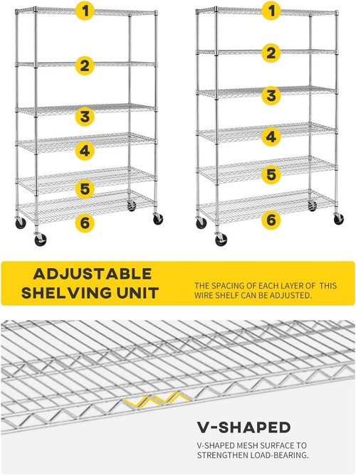 BestOffice 6-Tier Wire Storage Shelves - Heavy-Duty Metal Racks with Wheels | 18x48x78 | Chrome Finish | Tool-Free Assembly for Home & Garage