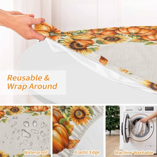 Round Fitted Tablecloth Elastic Edged Table Cover,Thanksgiving Fall Seamless Pumpkin Waterproof Wipeable Table Cloths for Kitchen Dining Party Fit up 55-60in Tables,Watercolor Maple Leaves on Burlap