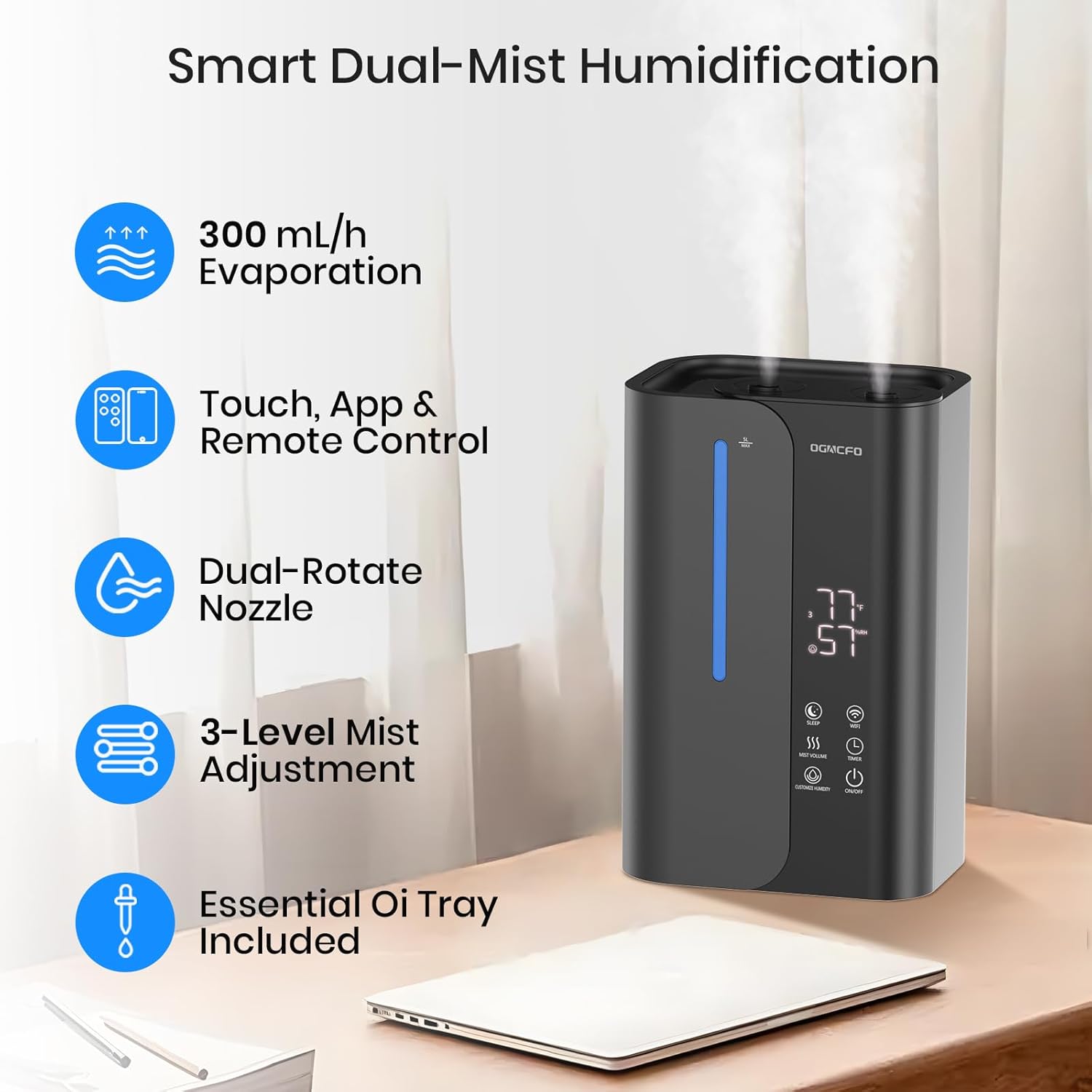 OGACFO 5L Smart Air Humidifier - Top Fill Design, 50H Runtime, Quiet 28 dB for Bedroom & Nursery