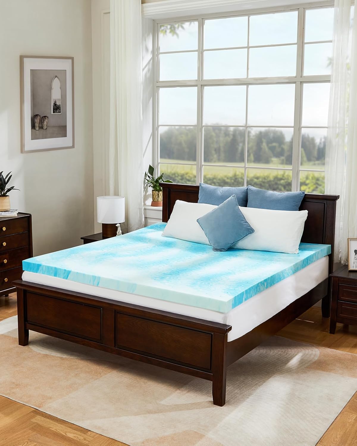 Perlecare 3 Inch Queen Memory Foam Mattress Topper - Cooling Gel Infused for Pressure Relief | CertiPUR-US® Certified, Blue