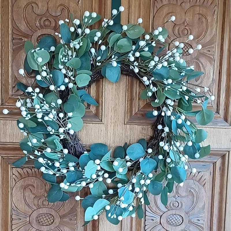 Green Eucalyptus Wreath 22in with White Berries - Front Door Holiday Decor