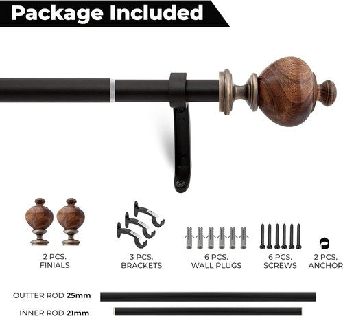 Deco Window Curtain Rod - Heavy Duty 1-Inch Metal Drapery Rod | Adjustable 44-120 Inch with Decorative Wood Finials - Brown Matte