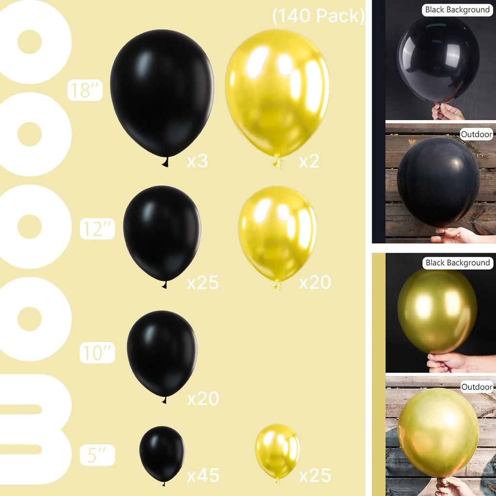PartyWoo Black and Gold Balloon Arch Kit - 140pcs in 5-18 Inch Sizes for Birthday & Graduation Celebrations