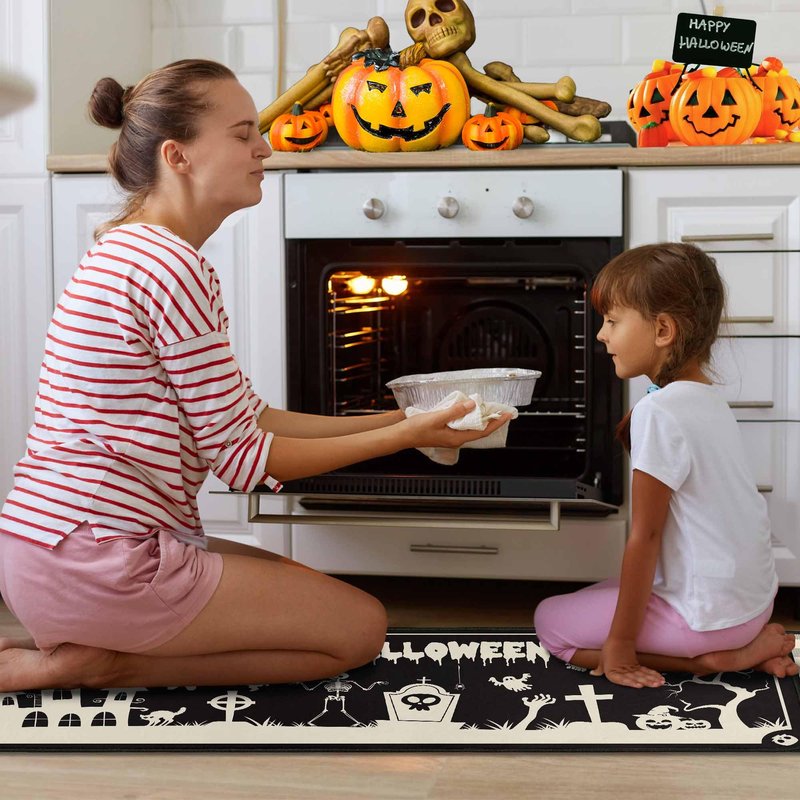 OUXIOAZ Happy Halloweeen Skull Black Kitchen Rugs and Mats Set of 2, Bat Boo Pumpkin Halloween Farmhouse Party Floor Mat for Home Kitchen Decorations 17"x47"+17"x30"