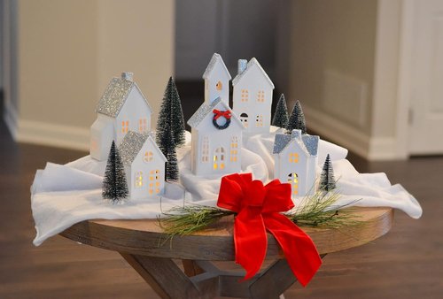 Mark Feldstein & Associates LED Holiday Figurines - Silver Rooftopped Village Set | 16 Pieces, 11 Inch