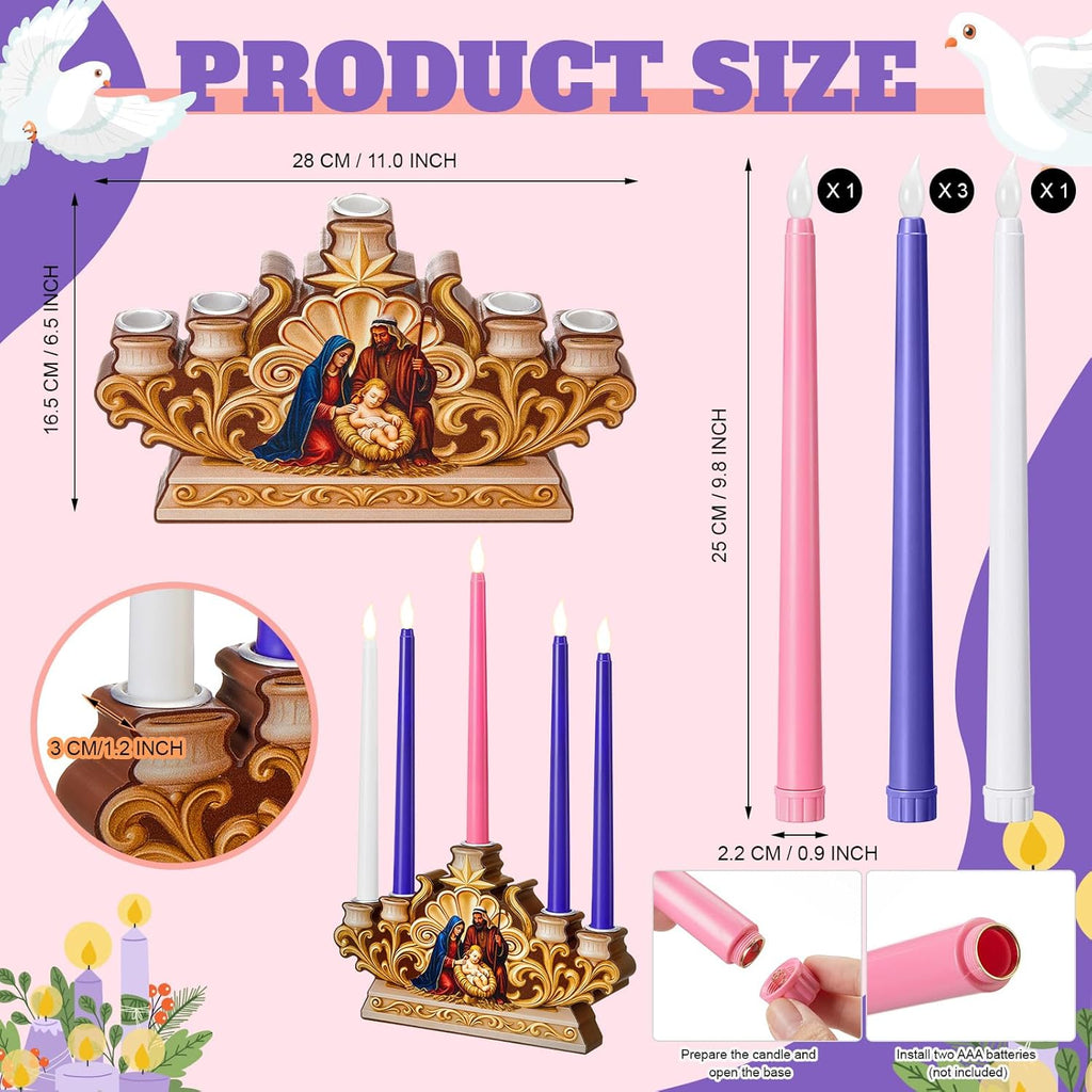 Qinyoung Advent Candle Holder - 5 Pcs Flameless Candles with Nativity Scene | Religious Table Decor