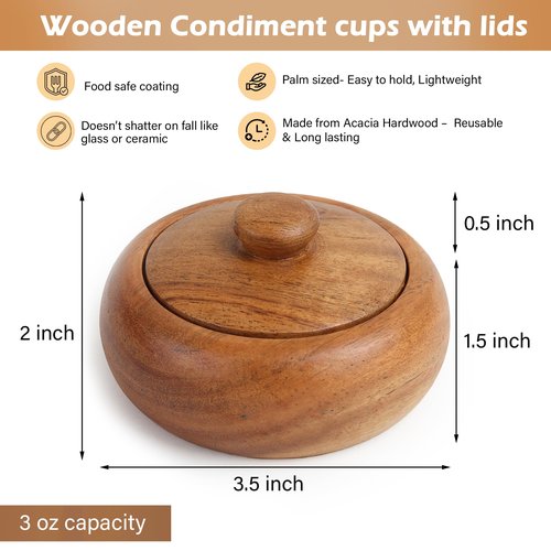 LAVAUX DESIGNS Acacia wood Set of 4 bowls with lid, 3.5X2 inches (3 oz), Rustic looking wood salt containers can also be used as spice box, storage for condiments, sugar, tea, celtic salt or nuts