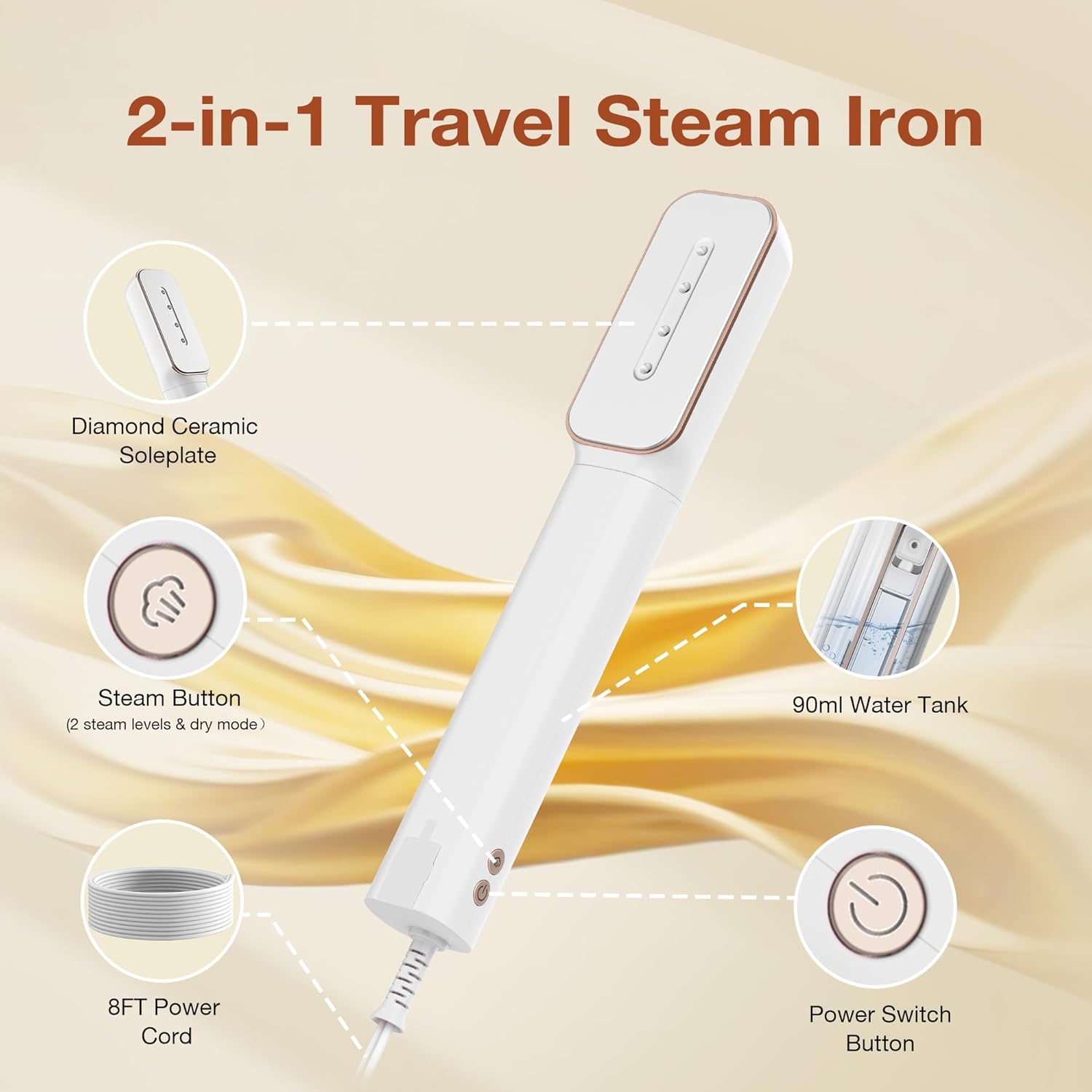 Newbealer Travel Iron - 2-in-1 Clothes Steamer & Dry Iron with Non-Stick Ceramic Soleplate | Gold, Global Voltage 100-240V