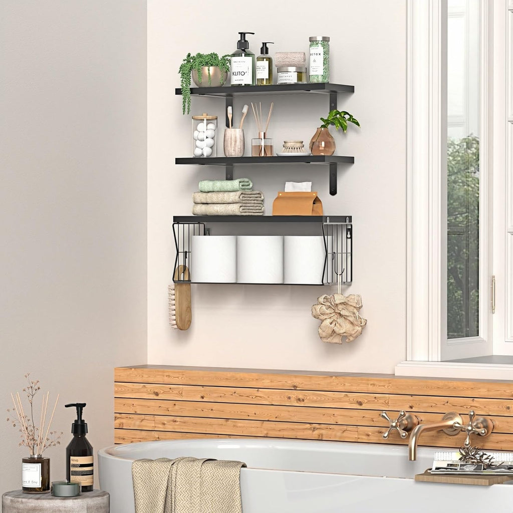 Regine Switzerland Floating Bathroom Shelves - Set of 3 Wall-Mounted Wooden Shelves for Modern Decor - Ideal Over Toilet Storage in Black