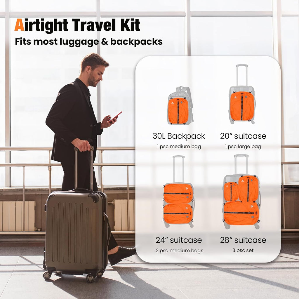 Skiennix Vacuum Compression Bags - 3-Pack Reusable Travel Storage | Waterproof & Space-Saving, Orange