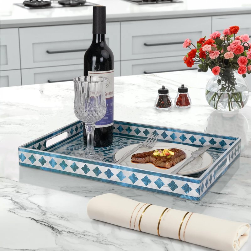MAONAME Rectangular Decorative Tray, Plastic Serving Tray with Handles, Modern Blue Trays for Ottoman, Coffee Table Trays for Living Room, Home Decor, 15.7" x 11.8" x 1.6"