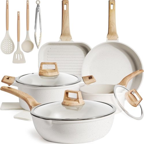 Kikcoin Non-Stick Ceramic Pots and Pans Set - 16-Piece Induction Cookware Set, White, Stackable