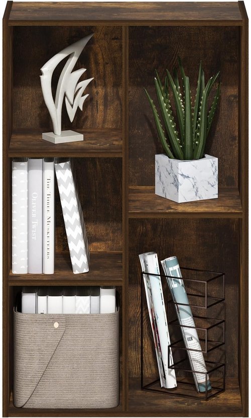Furinno LUDER Bookshelf - 5-Cube Reversible Bookcase for Easy Assembly | Amber Pine, 9.4 x 19.5 x 31.5