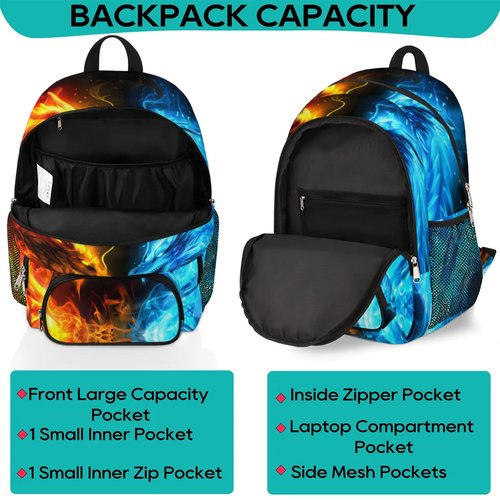 PATTERNFUL Kids School Backpack for Boys Girls - Lightweight Waterproof Bookbag School Bag Outdoor for Students College Travel Daypack with Chest Strap 16.7 Inch, Fire Ice Dragon