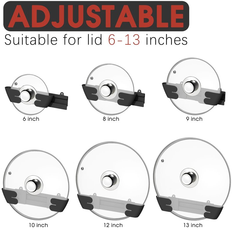 Nicejak Adjustable Universal Pot Lid Holder Organizer - Upgraded Patented Pan Lids Organizers Inside Cabinet Door Wall Mount Pots Top Rack for Kitchen Cupboard Fit 6" to 13" (8Pack-Black)