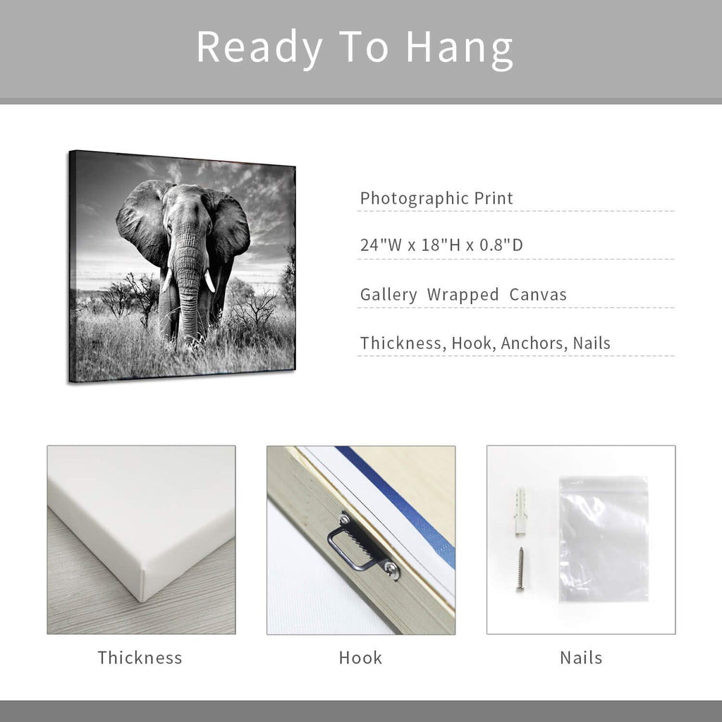 ARTISTIC PATH Canvas Wall Art Elephant Picture: African Animals Graphic Artwork Painting Print for Wall Decor (24" W x 18" H,Multi-Sized)