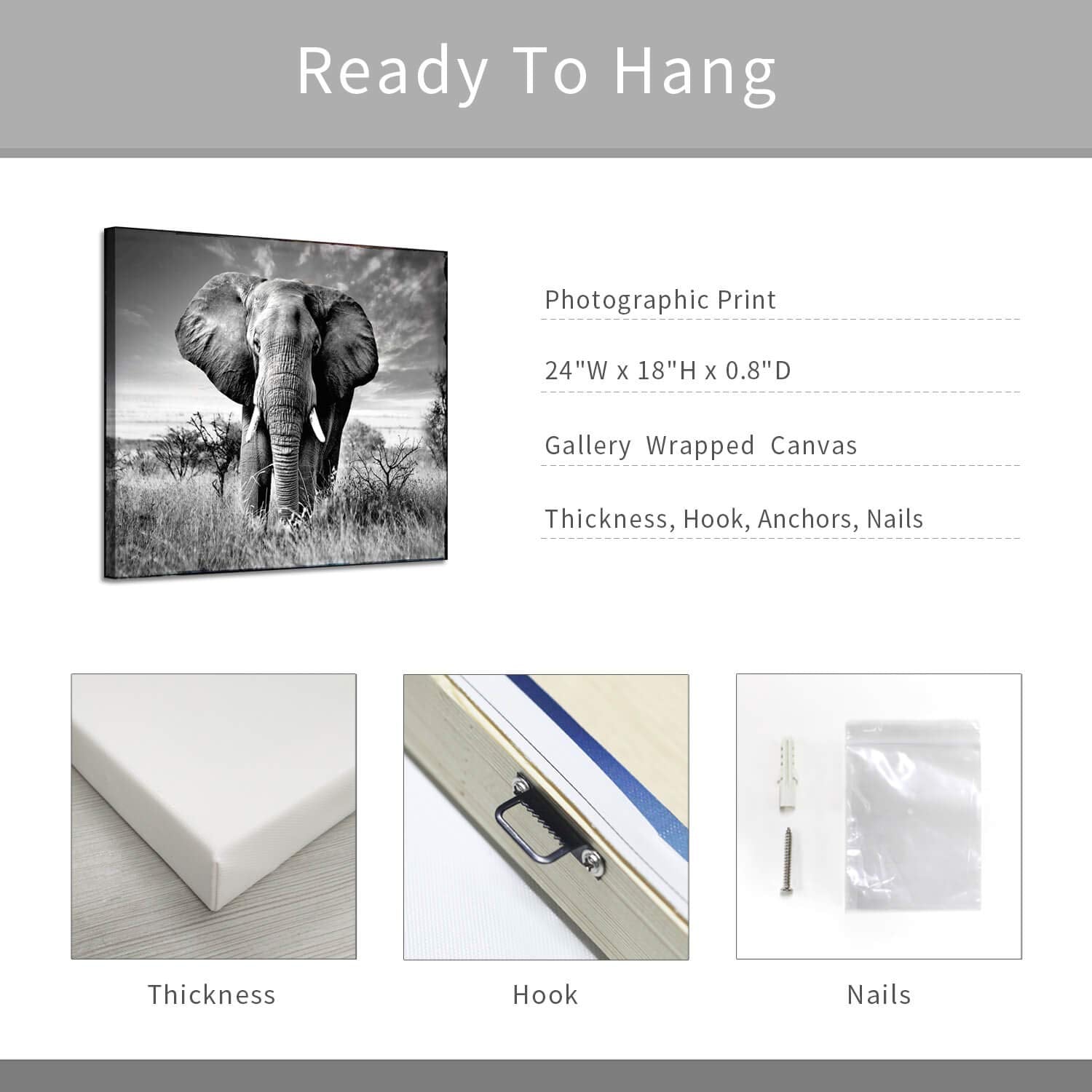 ARTISTIC PATH Canvas Wall Art Elephant Picture: African Animals Graphic Artwork Painting Print for Wall Decor (24" W x 18" H,Multi-Sized)