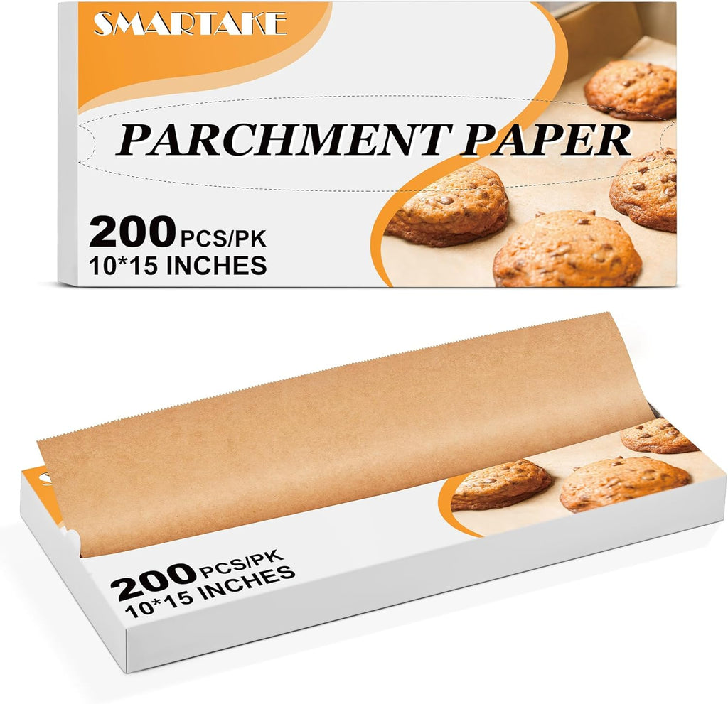 SMARTAKE Parchment Paper Sheets - 200 Pcs Non-Stick Baking Paper, 10.7x15 Inch, Unbleached & Greaseproof