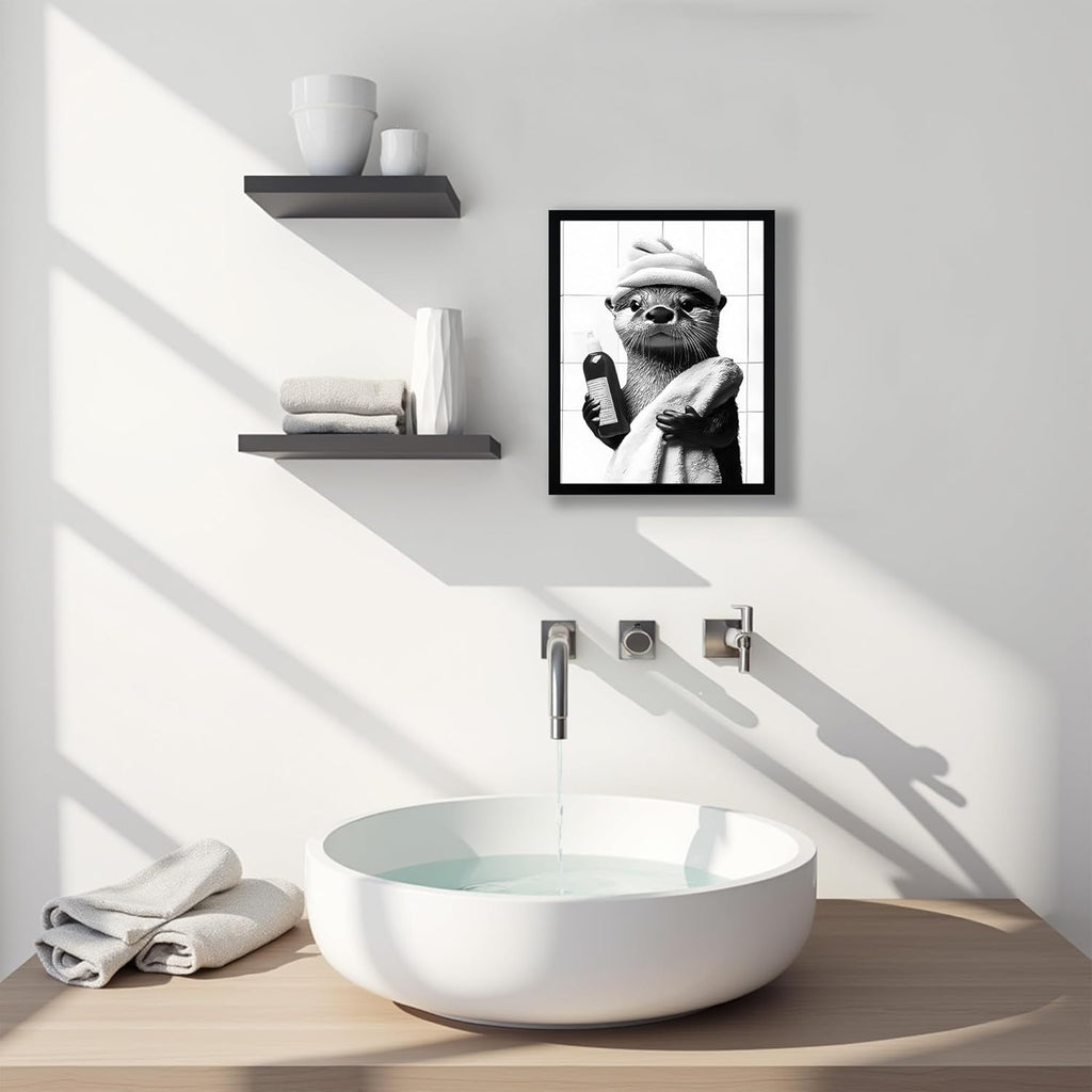SYWENNOI Black and White Bathroom Canvas Wall Art - Funny Otter Bath Decor | Ready to Hang 8x10 Inches