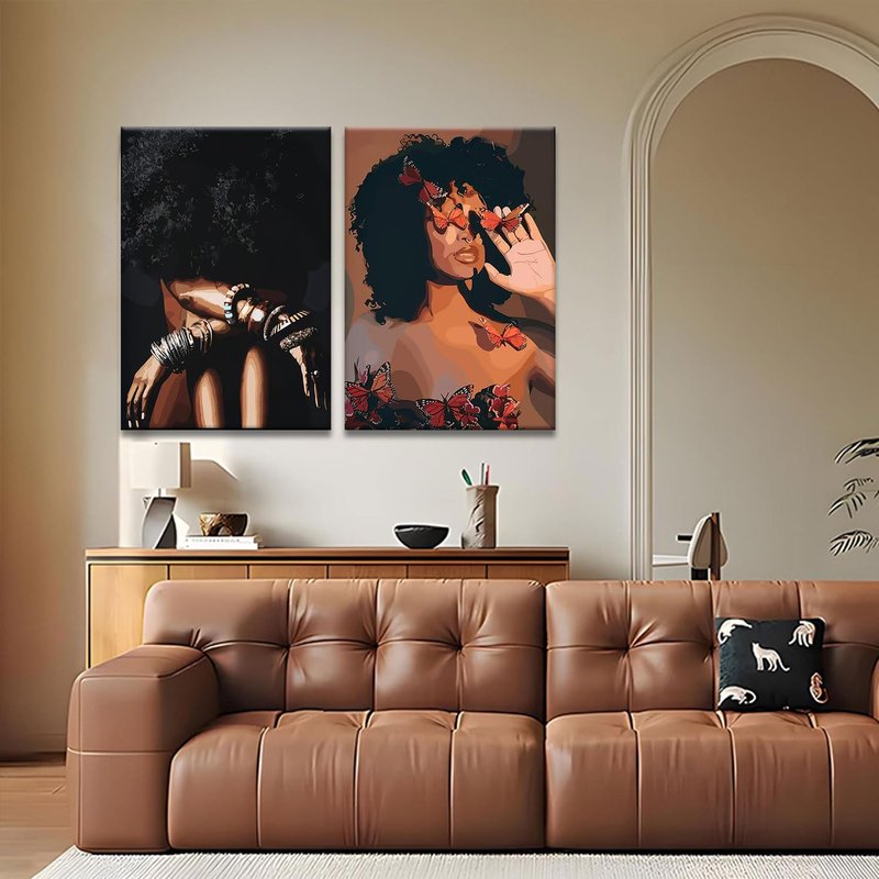 Framed Modern Abstract African American Women Wall Art (Set of 2), Canvas HD Print, Bohemian Black Girl with Energetic Butterfly Decor, Black Inspirational Contemplative Poster, Meditation Inspirational & Trendy Print, Living Room, Bedroom, Bathroom, Offi