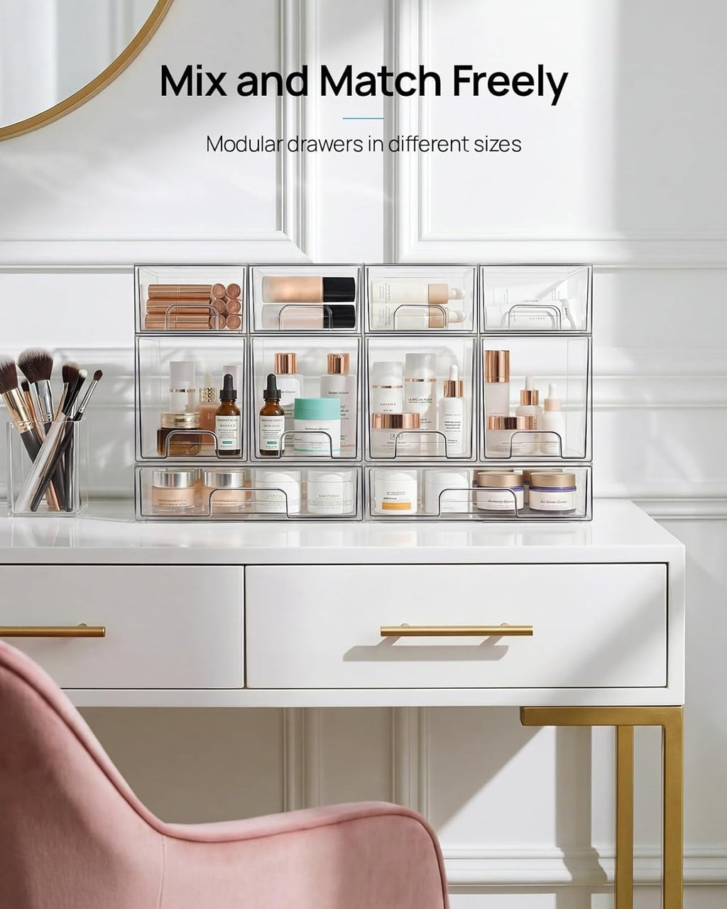 Vtopmart Small Clear Stackable Storage Drawers - Acrylic Makeup Organizer for Bathroom & Kitchen | 4 Pack