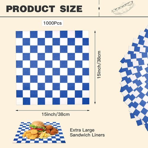 Colarr 1000 Pcs Waxed Paper Sheets Bulk 15 x 15 Inch Large Sandwich Wrapping Papers Checkered Deli Food Basket Liners for Burgers Bread Restaurant Barbecue Picnic(Dark Blue)