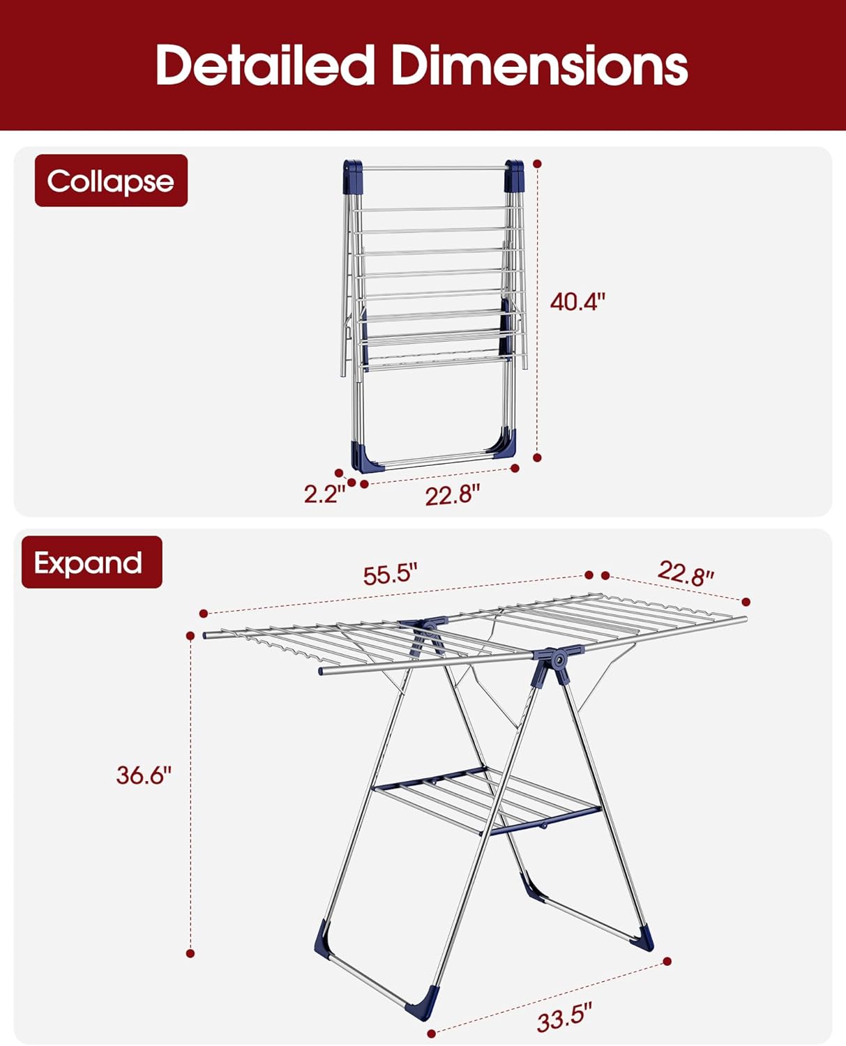 Sakugi Clothes Drying Rack - Height-Adjustable Metal Laundry Dryer Stand | Free-Standing & Collapsible, 55.5" L × 22.8" W, Silver Blue