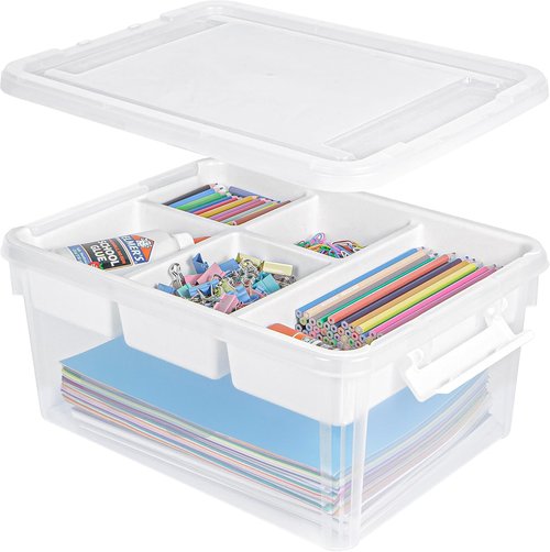 Creahaus 17 Quart Plastic Storage Box - Durable Craft Organizer with Removable Tray | Clear