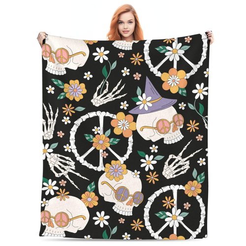 Hippie Groovy Halloween Skull Blanket, Soft Blankets Flannel Bed Throw Cozy Lightweight Plush Gifts For Women Men Boys Girls Sofa Couch Bedroom Living Rooms Warm All Season, Home Decor, 60"x50"