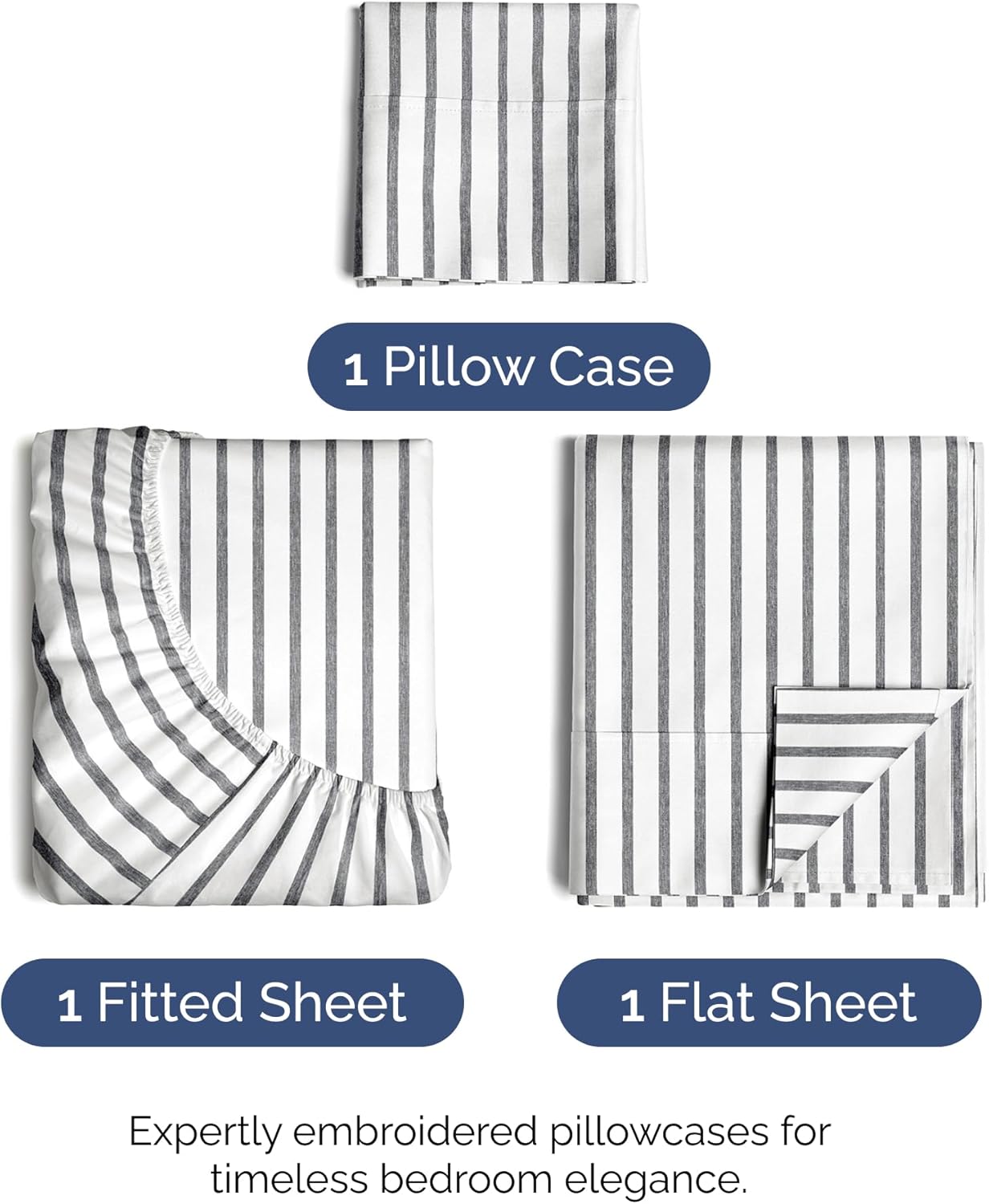 Skiennix Twin Size 3-Piece Sheet Set - Comfy Cooling Bed Sheets - Soft, Wrinkle-Free Grey Stripes
