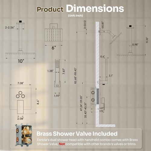 **Regine Switzerland Gold Shower Faucet Set - Brushed Gold Finish with 10'' Ceiling & 6'' Wall-Mounted Heads**