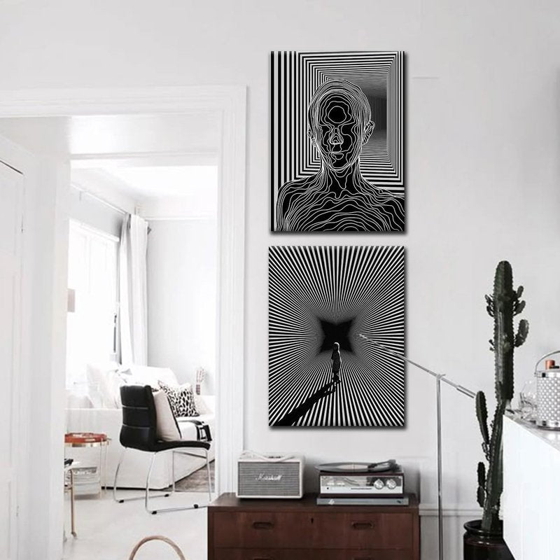 AUUAUU Black and White Minimalist Wall Art Set of 2-16x24 Inch Framed Abstract Poster Modern Optical Illusion Canvas Prints Geometric Lines Pictures Paintings for Living Room Bedroom Offic Decor