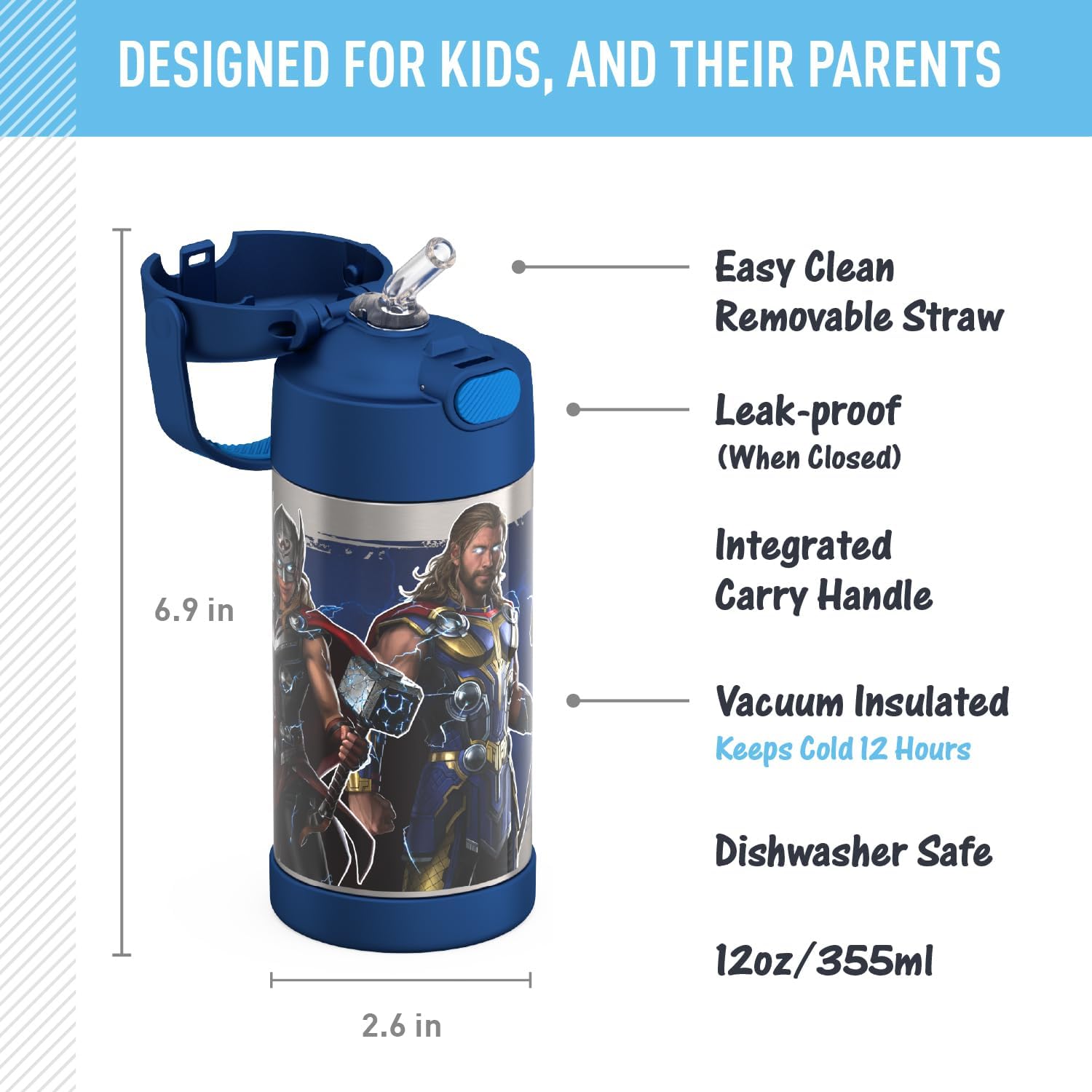 THERMOS FUNTAINER 12 Ounce Stainless Steel Kids Straw Bottle - Vacuum Insulated, Thor Design