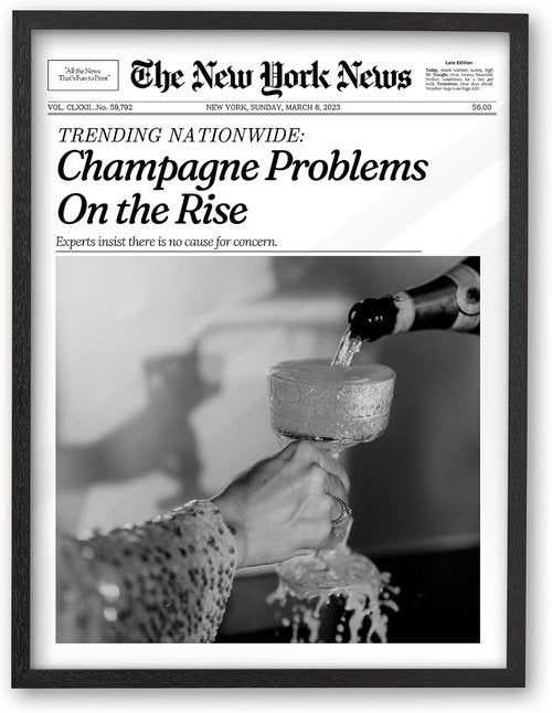 iHery Premium Natural Black Oak Wood Wall Art - Trendy Champagne Problems Newspaper Canvas | 16x20in Framed Decor for Dorm & Living Room