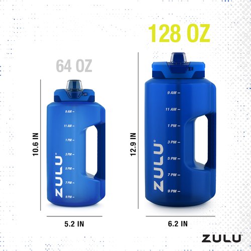 ZULU Goals 128oz Half Gallon Plastic Water Bottle with Straw and Time Marker | Large Reusable Jug with Handle and Leak Proof Lid for All Day Hydration, Gym and Outdoors, Gift Ready, Royal Blue